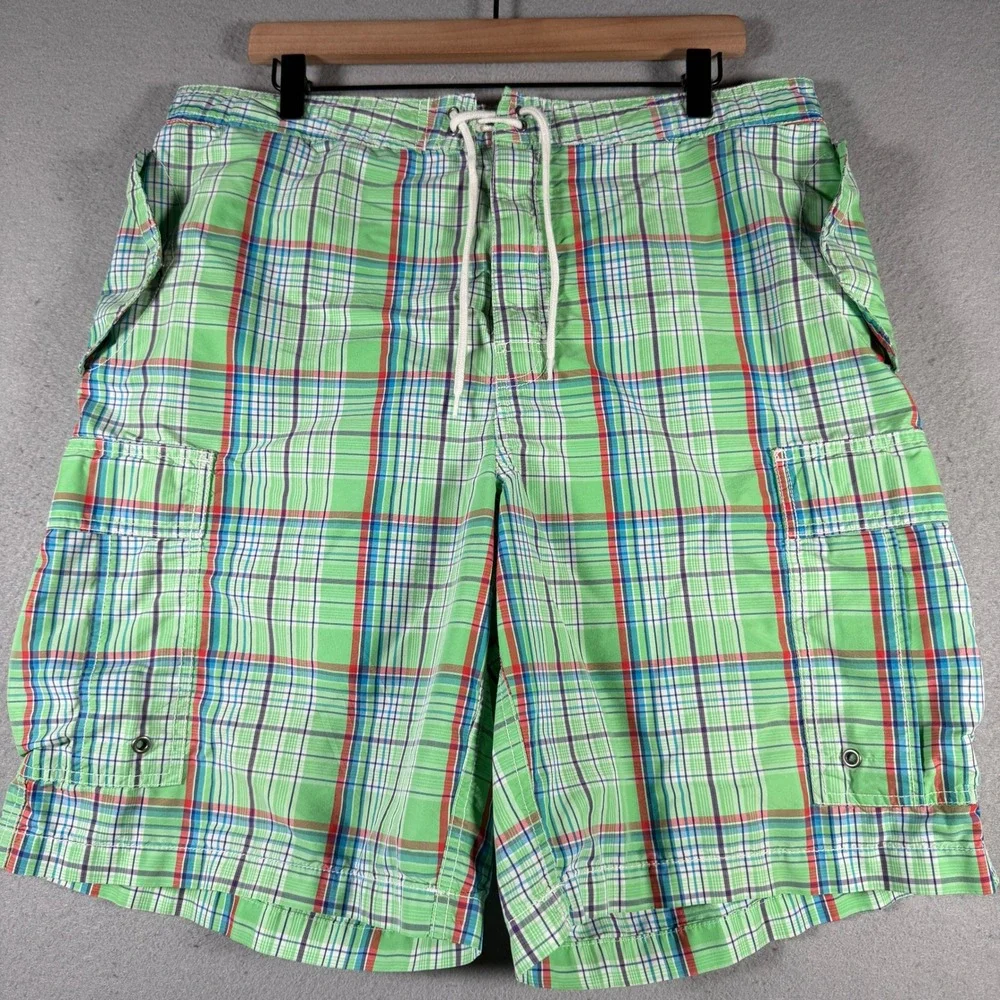 Vintage Polo Ralph Lauren Mens Green Plaid‎ Cargo Shorts Size 36 Drawstring